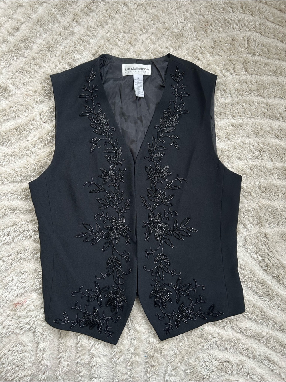 Liz Claiborne Black Beaded Floral V-Neck Vest